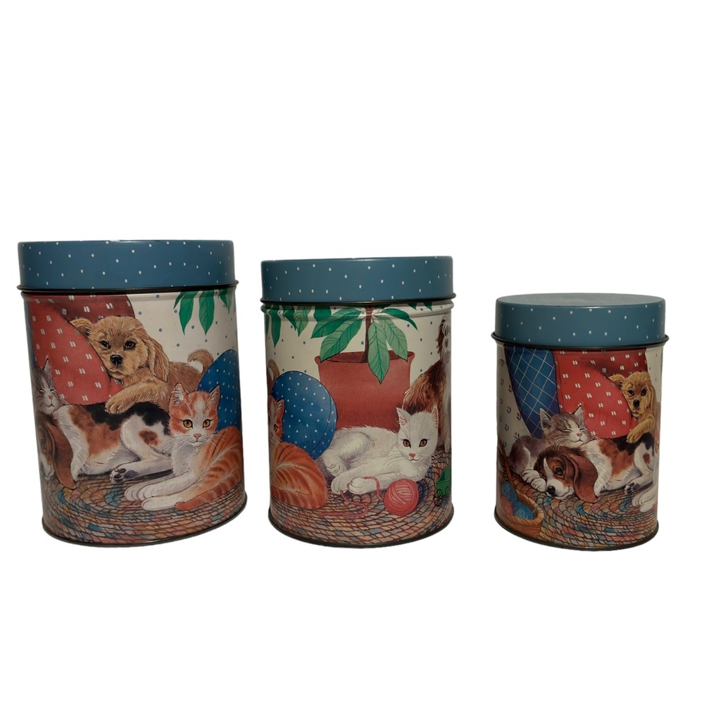 Vtg J.S.N.Y. Best Friends Nested 3 Pc canister set tins polkadot lids do…